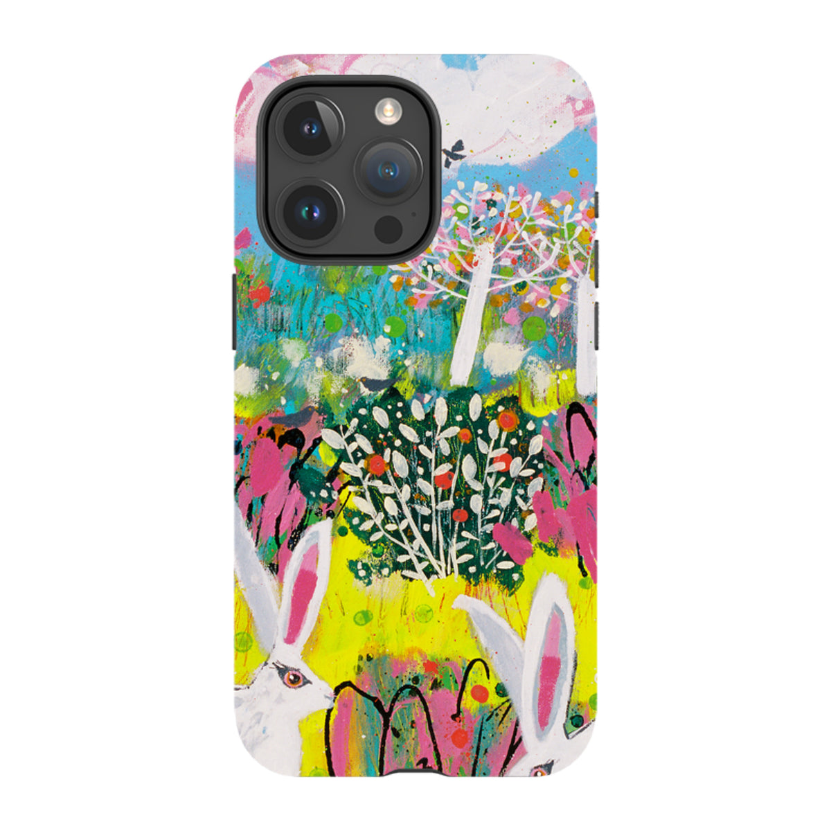 iPhone Tough Case featuring Claire West’s colorful bunny artwork with a durable dual-layer design and raised camera bezel.