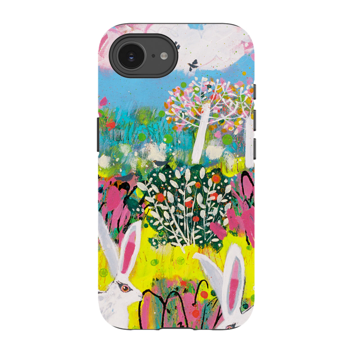 iPhone tough case featuring Claire West’s vibrant bunny and garden art with a protective dual-layer design.