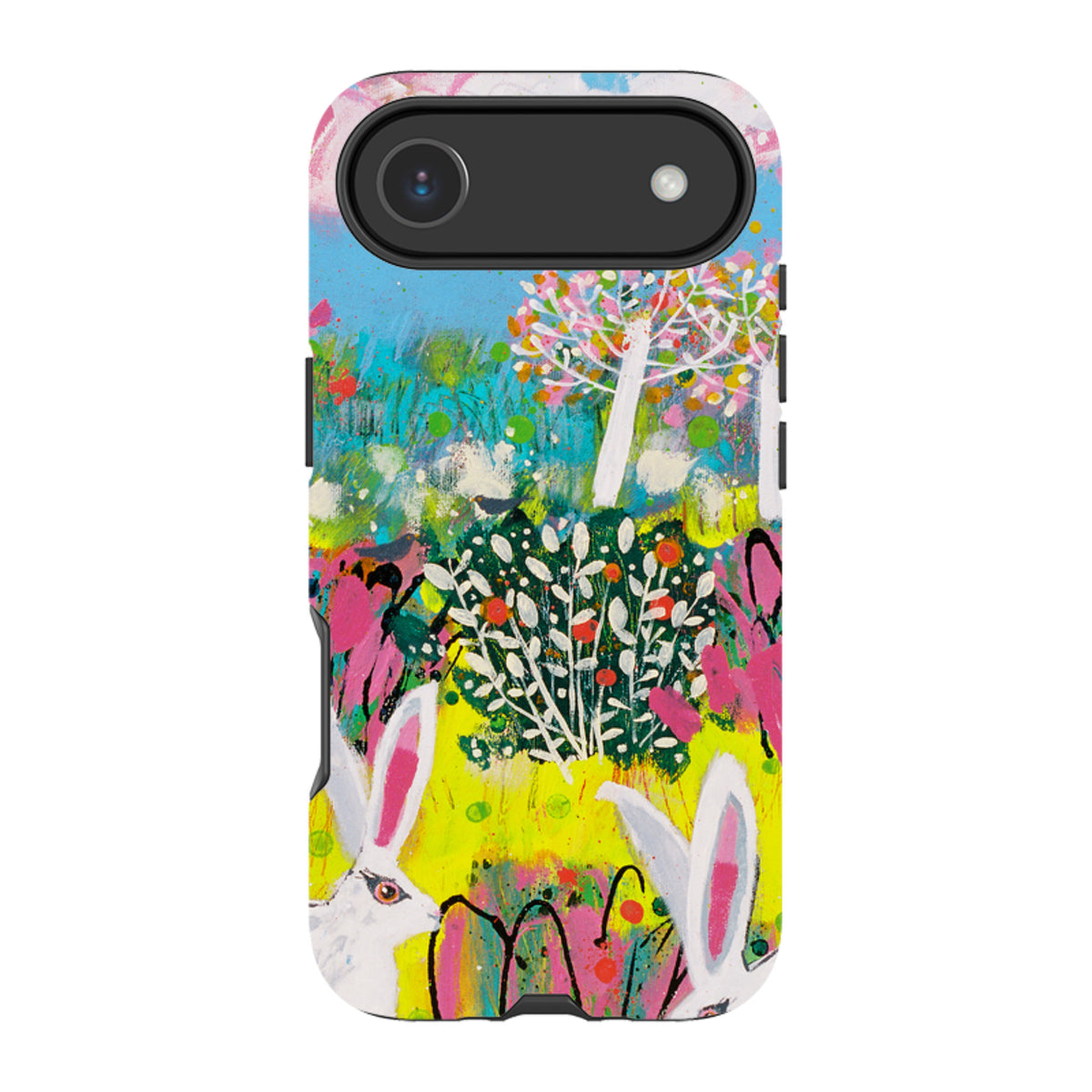 Dual-layer iPhone tough case featuring Claire West's vibrant bunny and garden art with a protective black camera bezel.