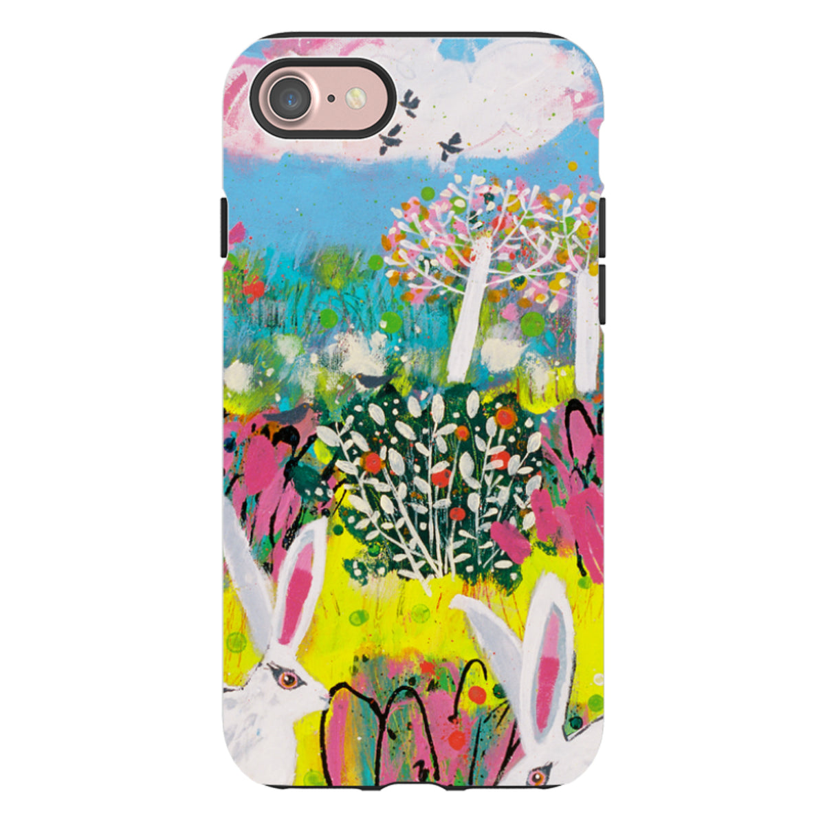 iPhone tough case featuring Claire West's colorful bunny and meadow artwork with a protective dual-layer design.