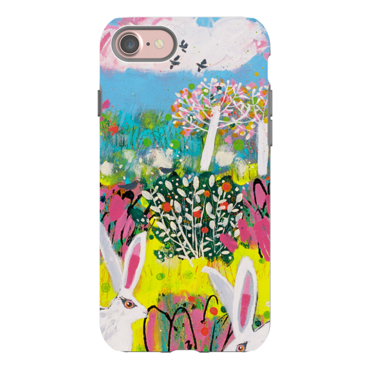 iPhone tough case featuring Claire West’s vibrant bunny and garden art with a dual-layer protective shell.