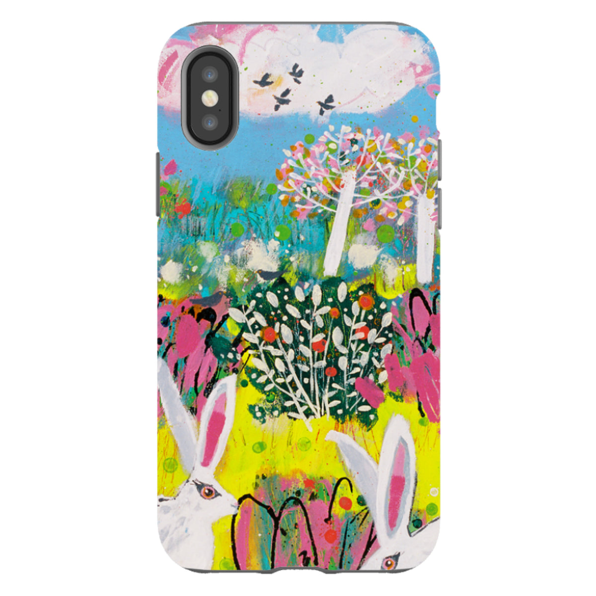 iPhone tough case featuring Claire West’s vibrant bunny artwork with a dual-layer protective design and colorful landscape.