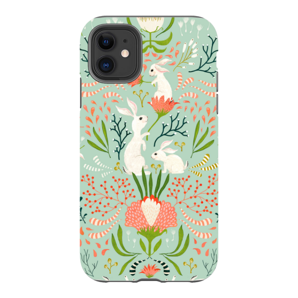 iPhone tough case with a mint green background featuring white bunnies, colorful floral patterns, and dual-layer protection.