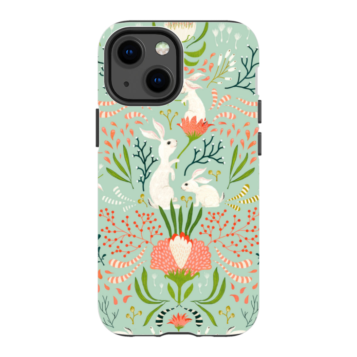 iPhone tough case with a mint green background, featuring Katherine Quinn's whimsical white bunny and floral art.