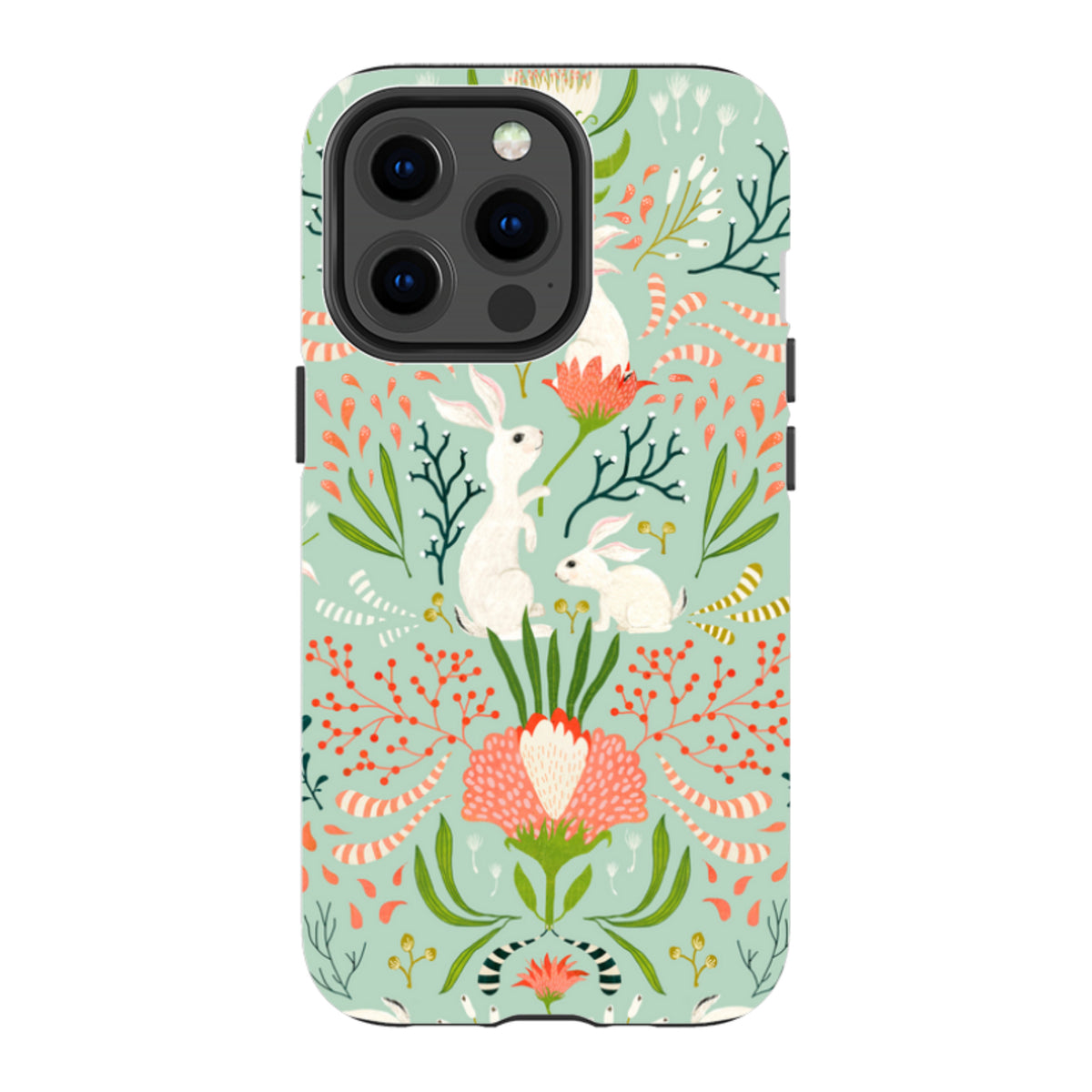 iPhone tough case with a mint green floral pattern featuring white bunnies and colorful botanical illustrations.