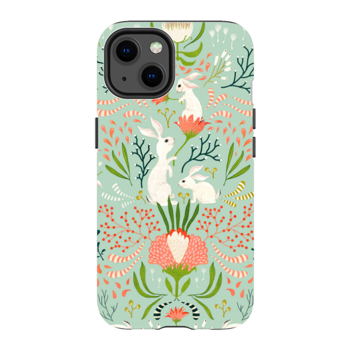 iPhone tough case with a mint green background featuring white bunnies and floral botanical illustrations.