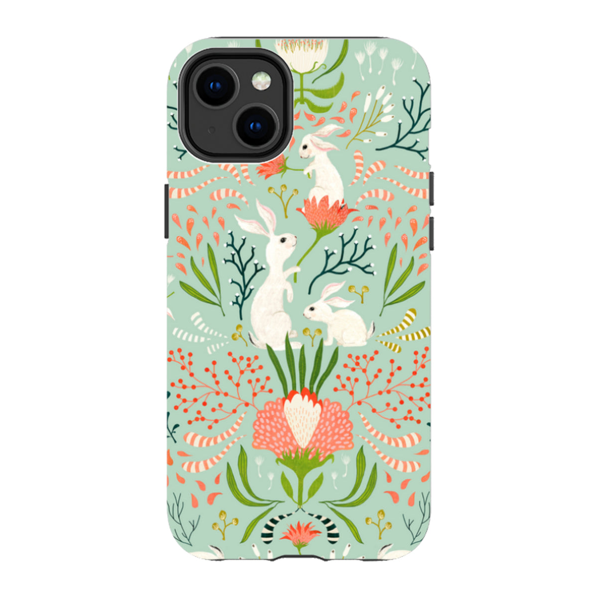 iPhone tough case with Katherine Quinn bunny and floral art on a mint green background with dual-layer protection.