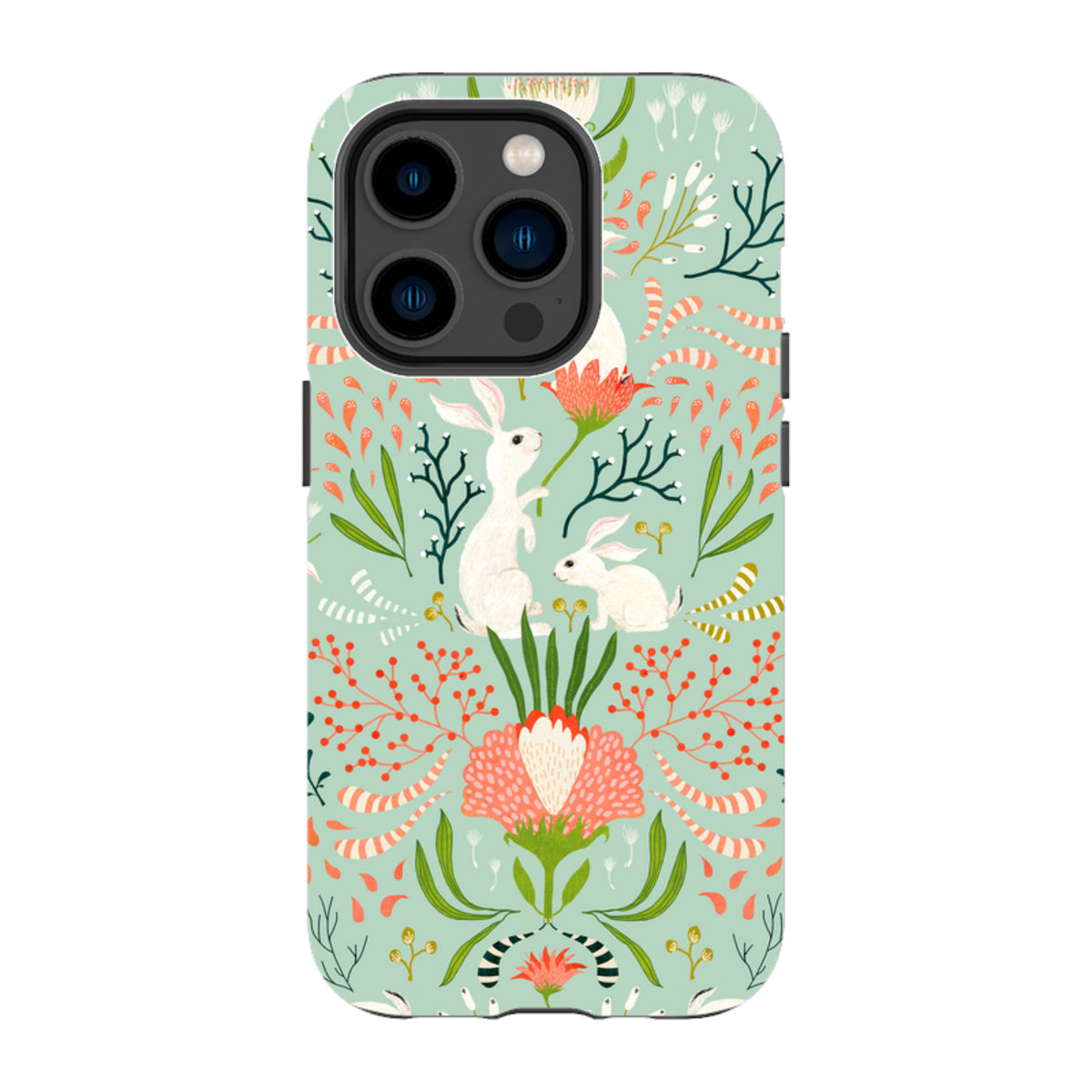iPhone tough case with Katherine Quinn bunny and floral folk art print on a light green background.