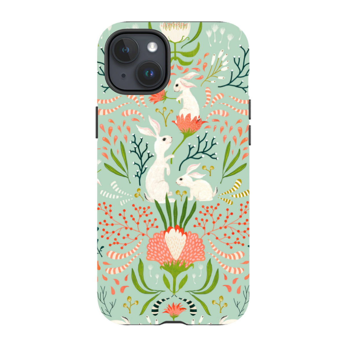 iPhone tough case with a mint green background, featuring Katherine Quinn's whimsical white bunny and floral art.