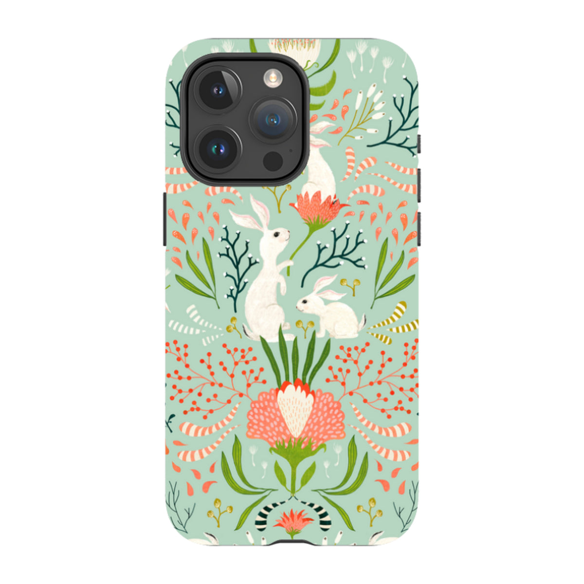 iPhone tough case featuring a mint green background with Katherine Quinn’s whimsical white bunny and floral art print.