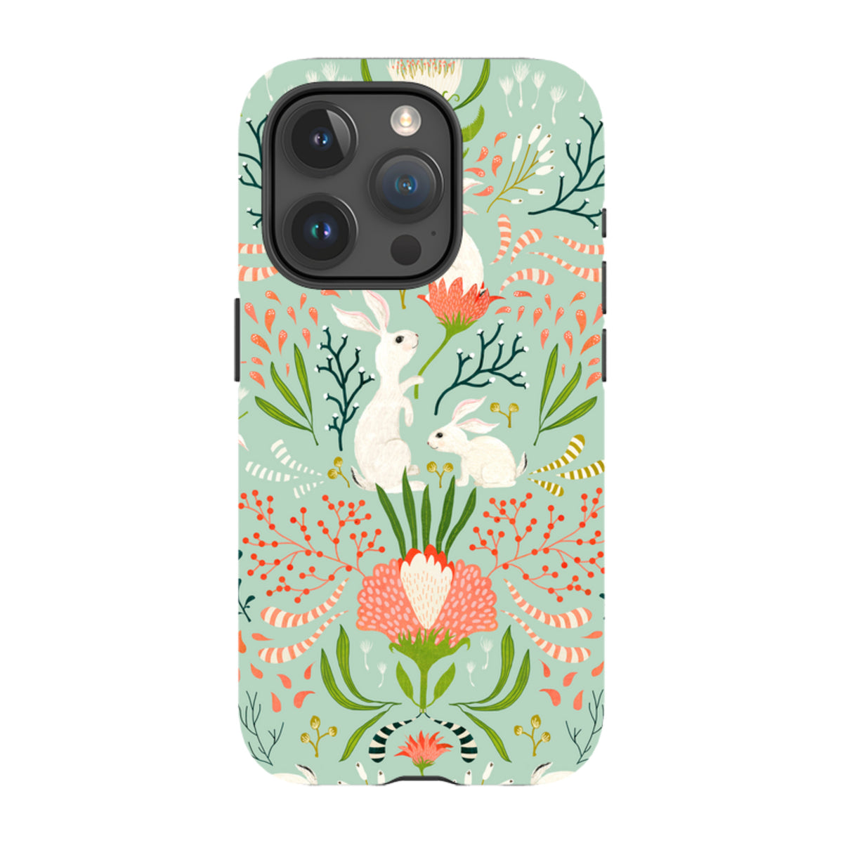 iPhone tough case with a mint green background, white bunnies, and colorful floral folk art illustrations.