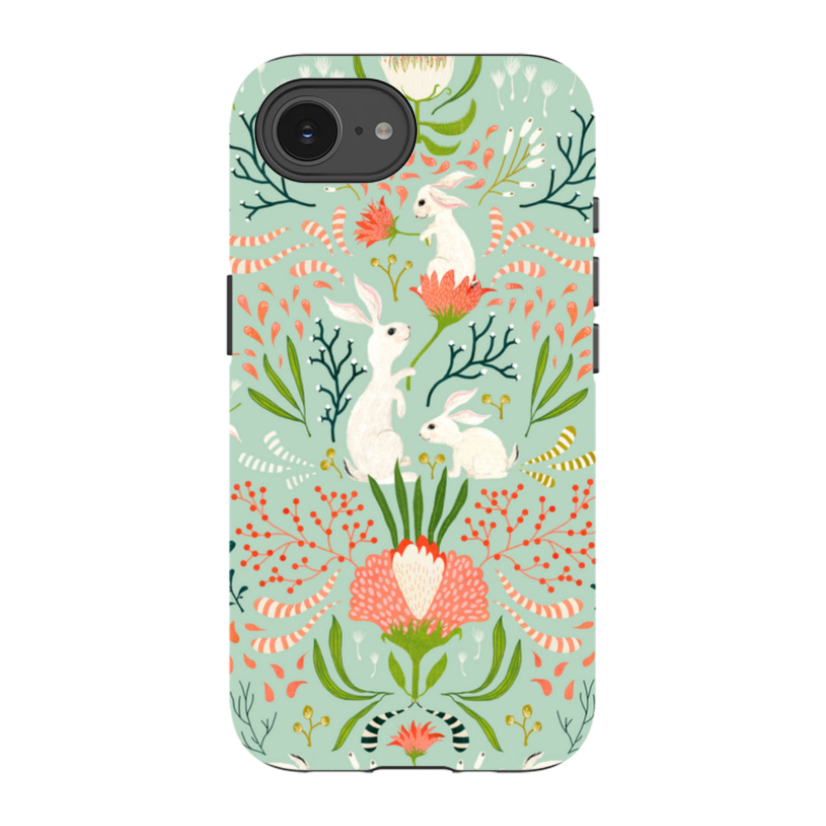 iPhone tough case with a mint green floral pattern featuring white bunnies, red flowers, and botanical illustrations.