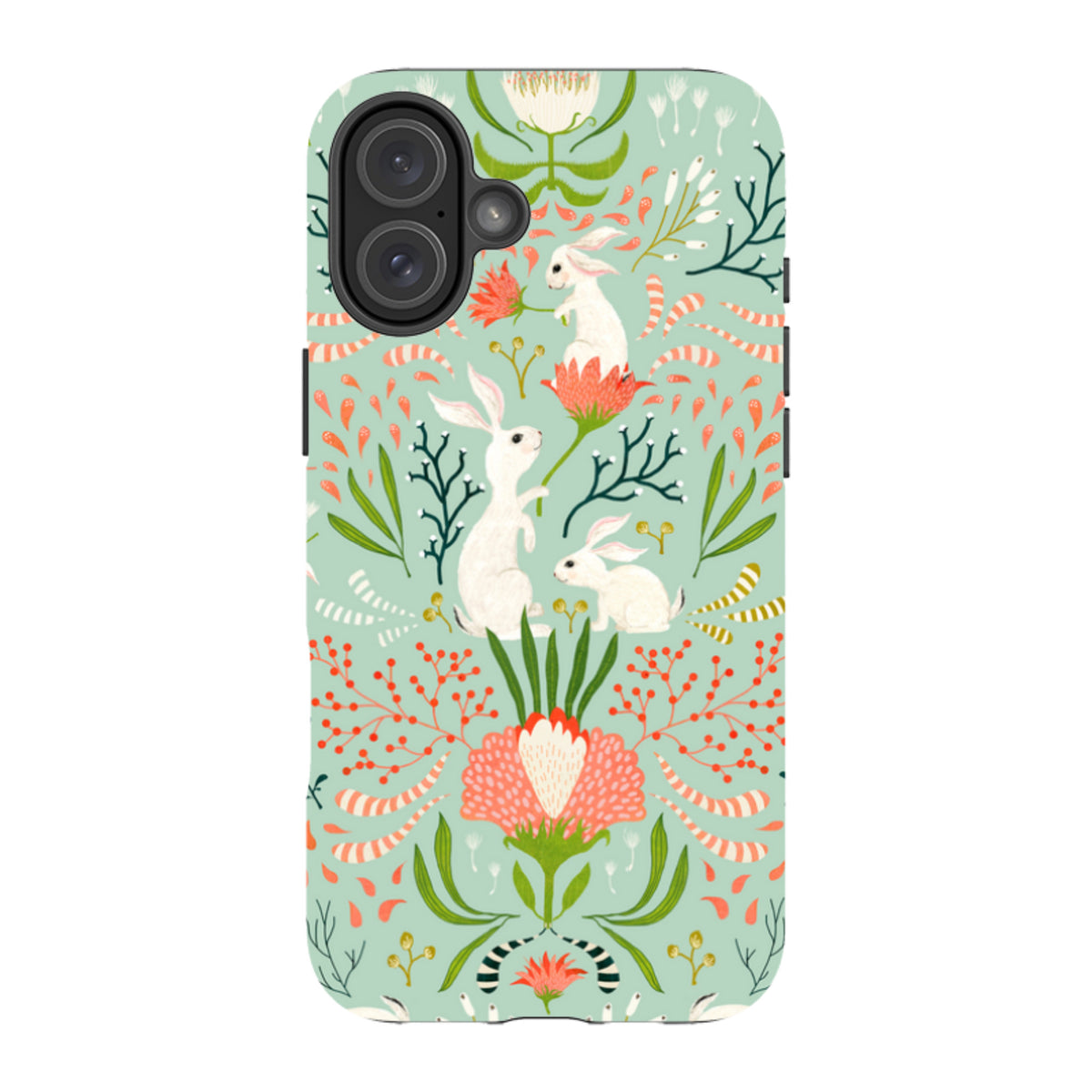 iPhone tough case with a light green floral pattern featuring white bunnies and colorful botanical illustrations.