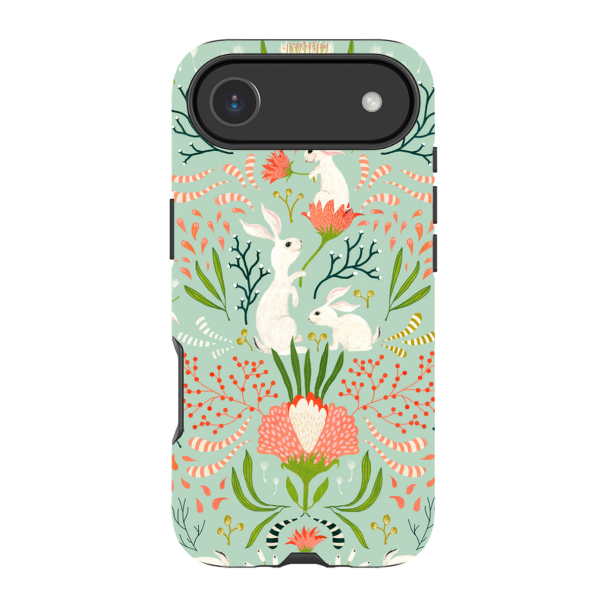 iPhone tough case with Katherine Quinn bunny and floral art on a mint green background with dual-layer protection.