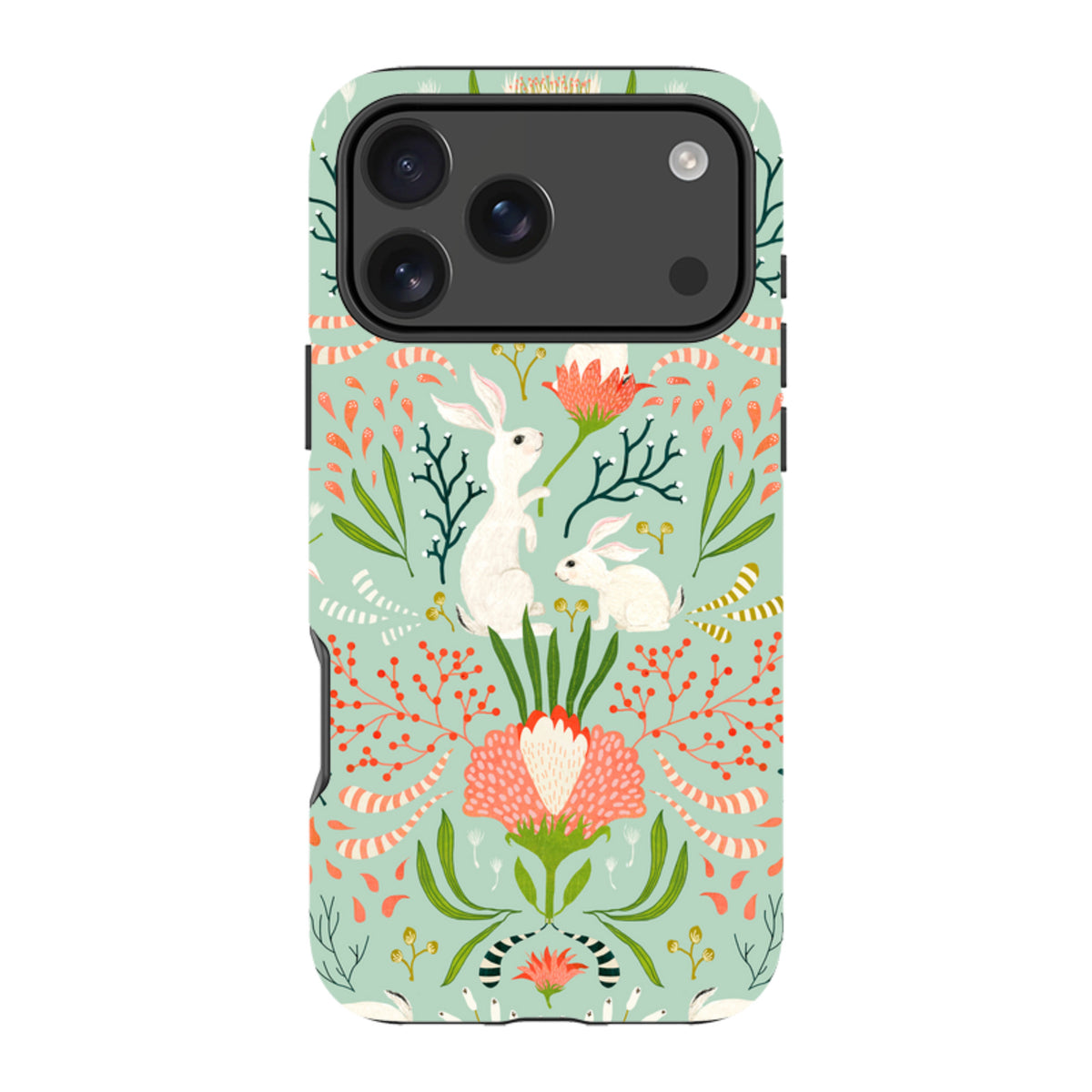 iPhone tough case with a mint green background, featuring Katherine Quinn's whimsical bunny and floral folk art design.