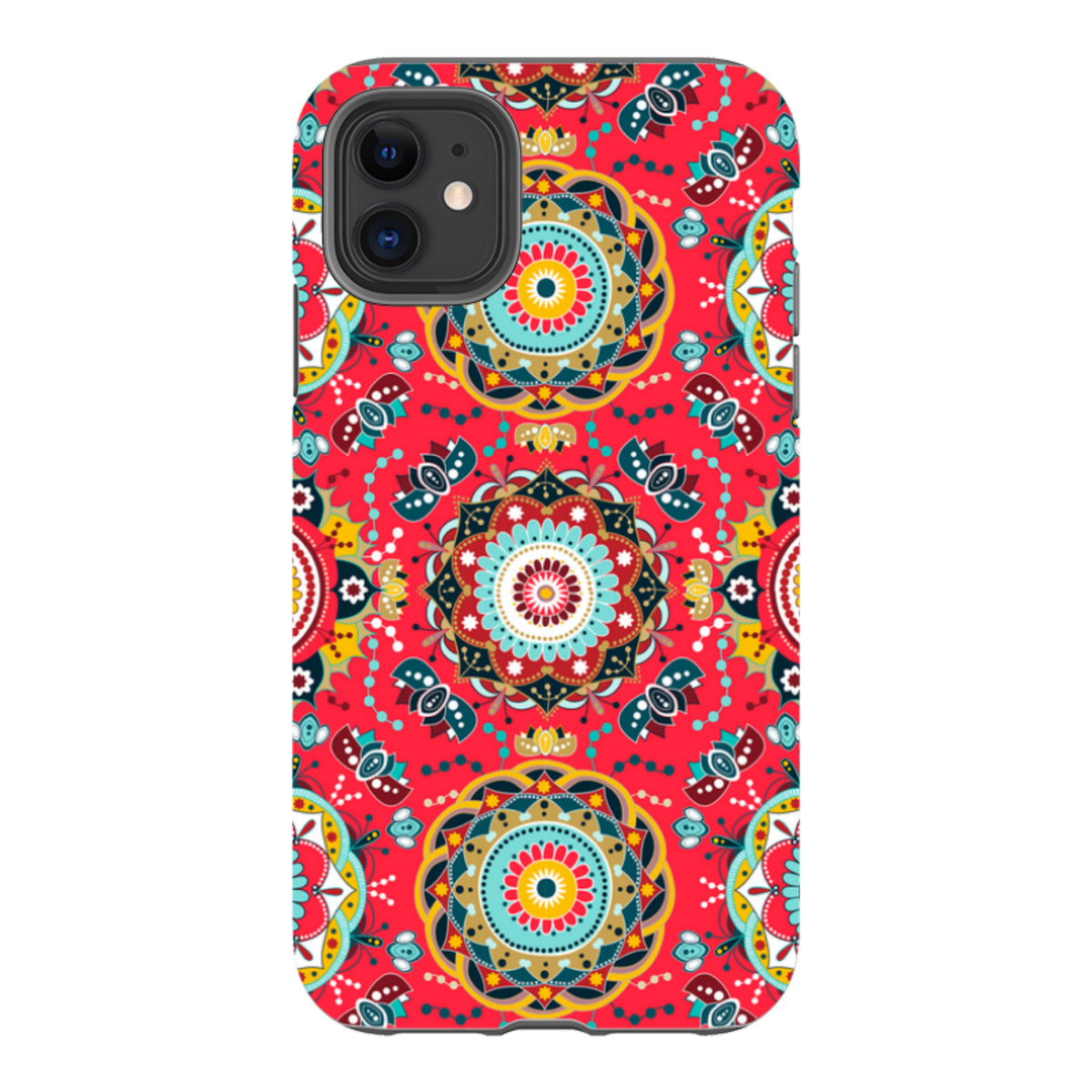 iPhone Tough Case in Burford design featuring a vibrant red mandala pattern with intricate floral and geometric details.