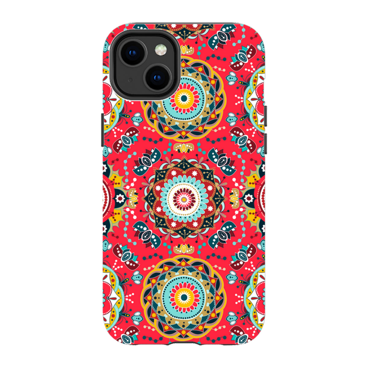 iPhone Tough Case in Burford design featuring a vibrant red mandala pattern with teal, yellow, and black floral details.