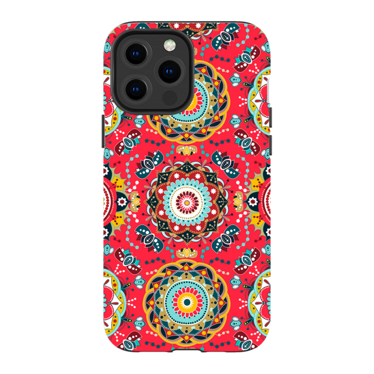 iPhone Tough Case in Burford design with a vibrant red mandala pattern and durable dual-layer protective shell.