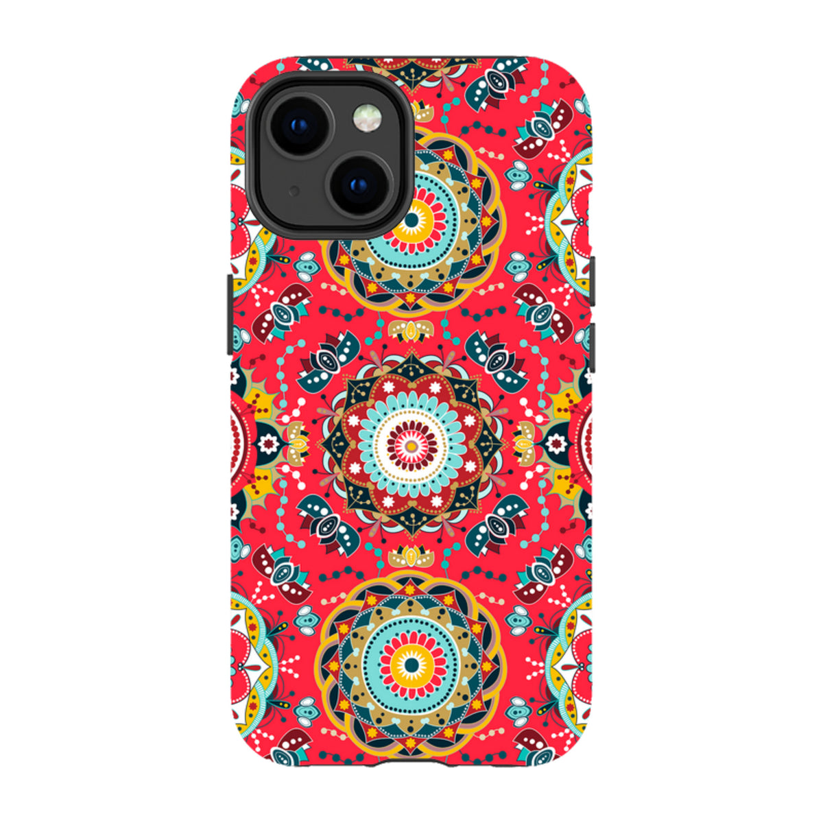 iPhone Tough Case in Burford design featuring a vibrant red mandala pattern with intricate teal, yellow, and black details.