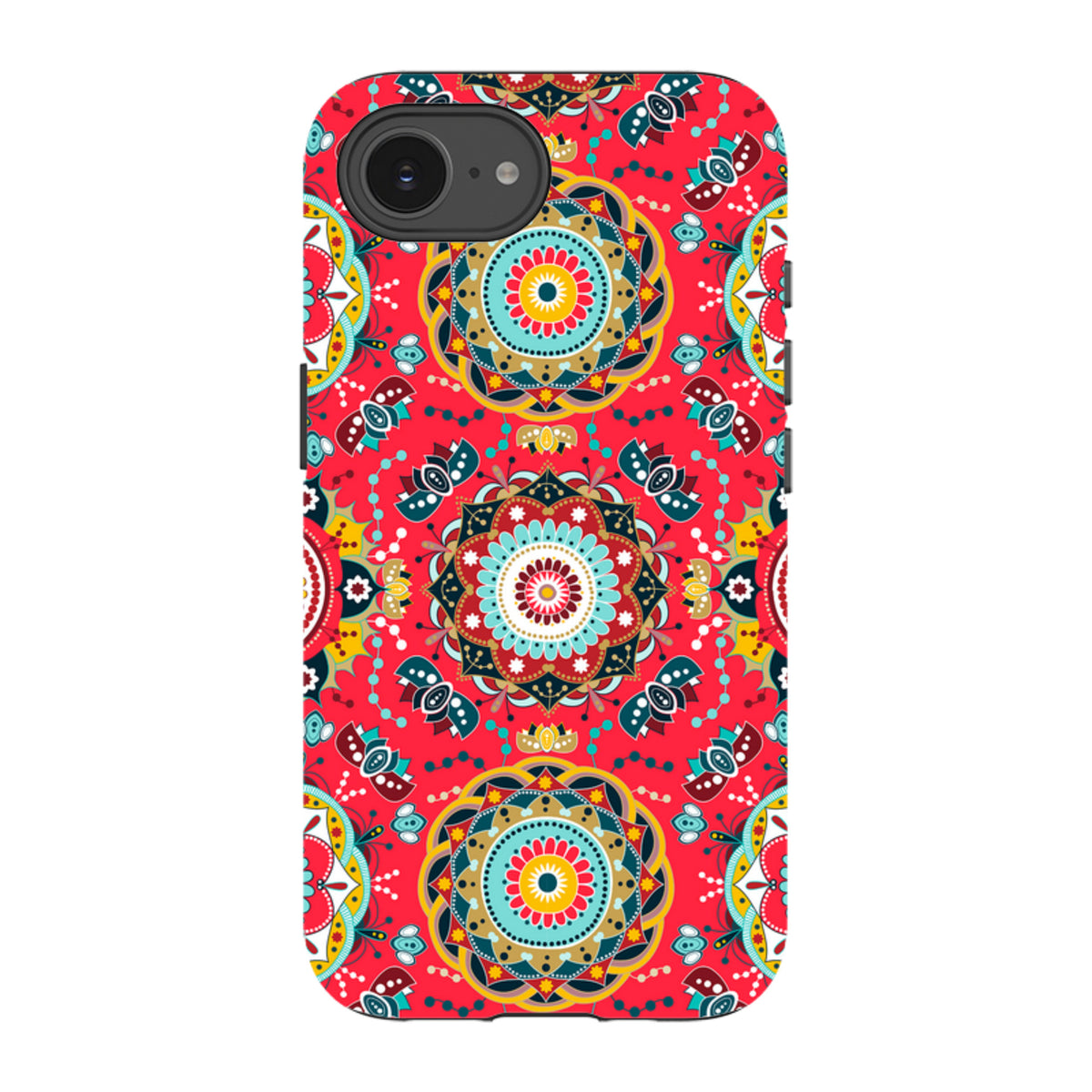 iPhone Tough Case in Burford design featuring a vibrant red mandala pattern with intricate floral and geometric details.
