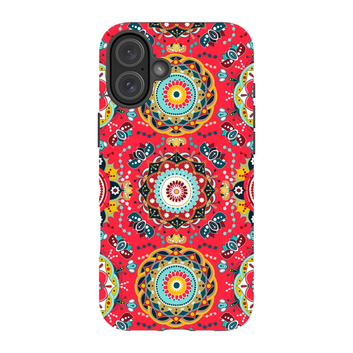 iPhone Tough Case in Burford design featuring a vibrant red, yellow, and teal mandala pattern with dual-layer protection.