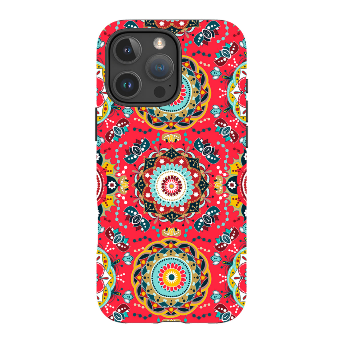 iPhone tough case with a red, teal, and yellow mandala pattern, featuring a dual-layer design and camera cut-out.