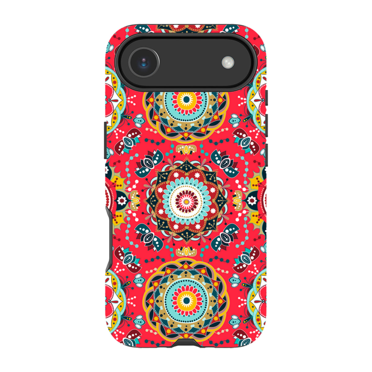 iPhone Tough Case in Burford design featuring a vibrant red mandala pattern with teal, yellow, and black accents.