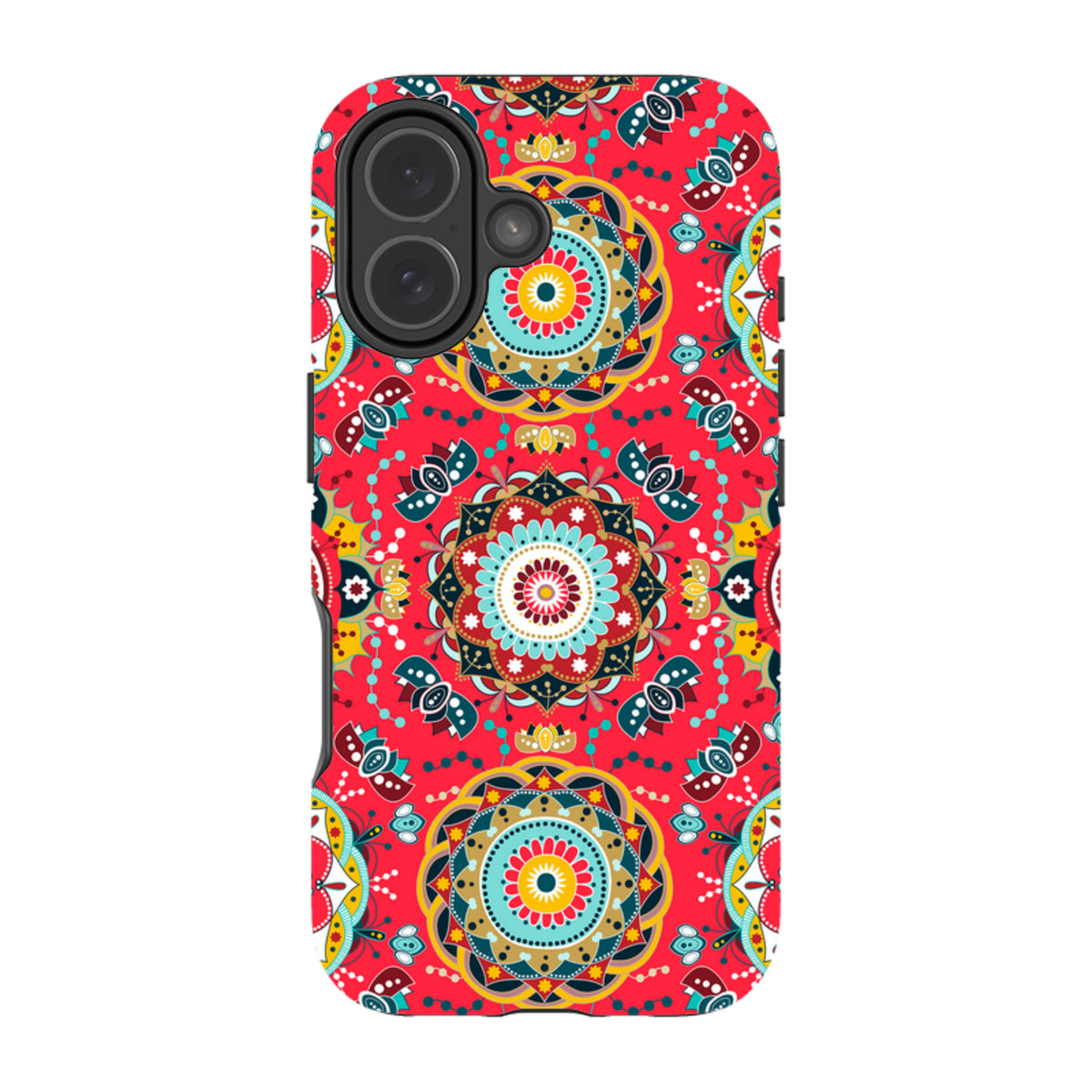 iPhone Tough Case in Burford design featuring a vibrant red mandala pattern with teal, yellow, and black accents.