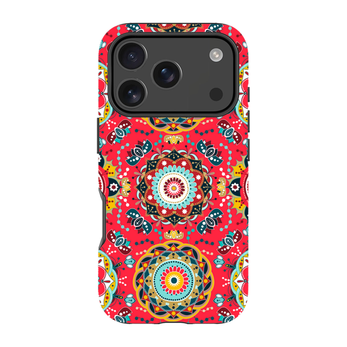 iPhone Tough Case in Burford design featuring a vibrant red mandala pattern with teal and yellow accents.