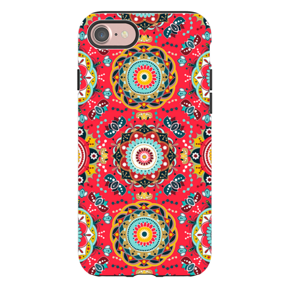 iPhone Tough Case in Burford design featuring a vibrant red mandala pattern with intricate floral and geometric details.
