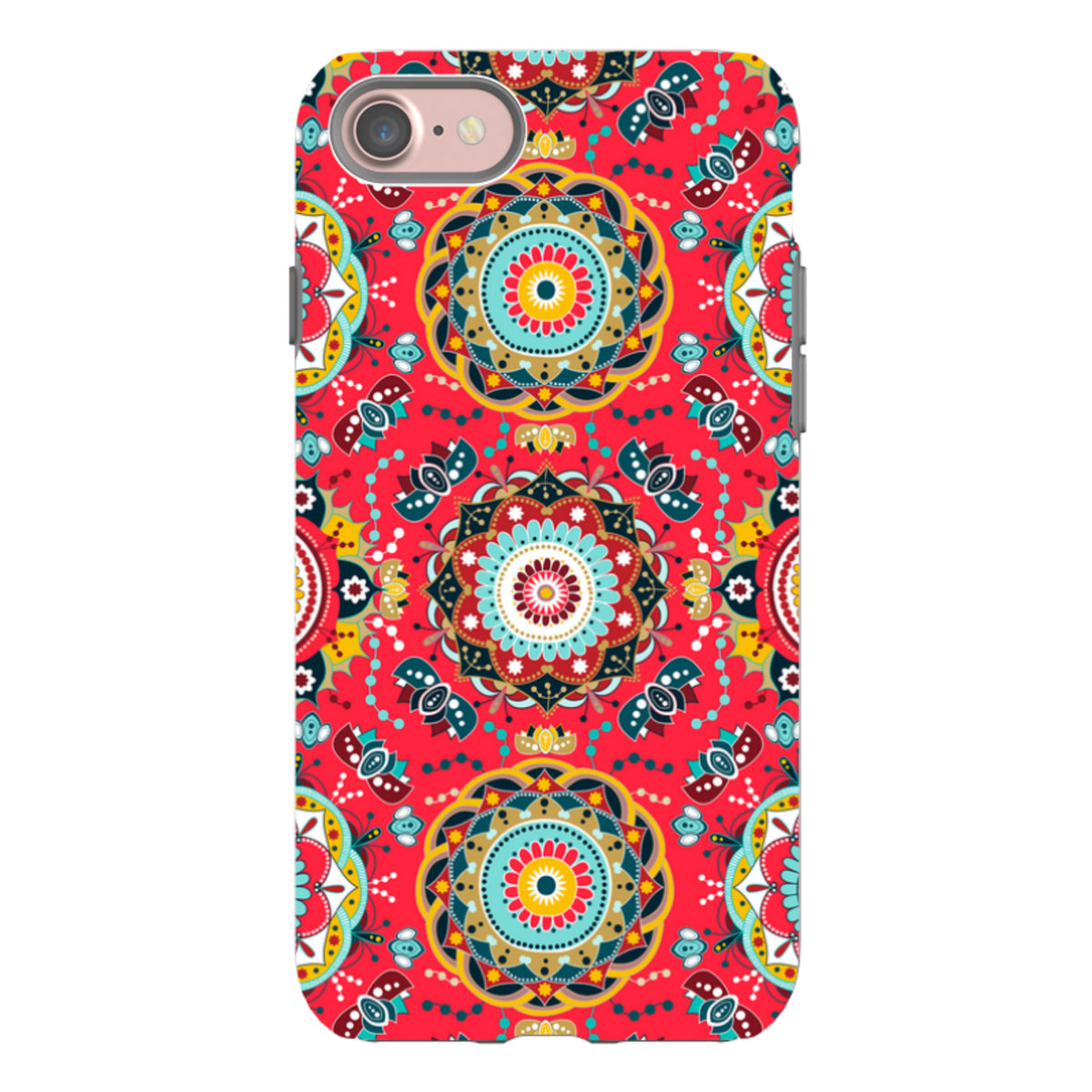 iPhone Tough Case in Burford design featuring a vibrant red mandala pattern with intricate floral and geometric details.