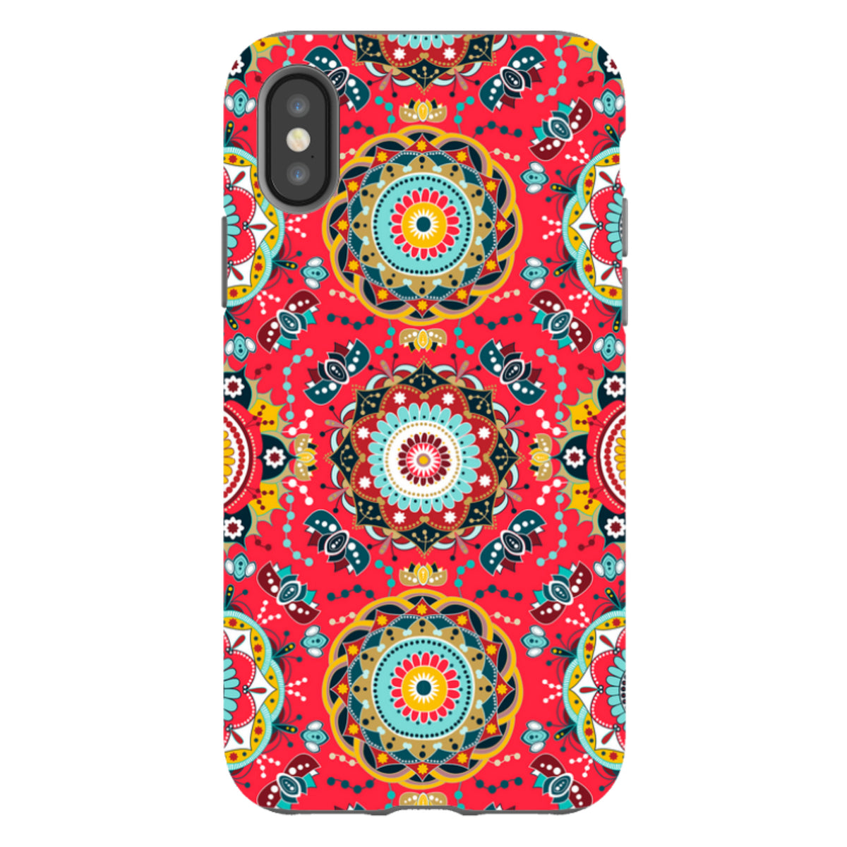 iPhone Tough Case in Burford design featuring a vibrant red, teal, and yellow mandala pattern with dual-layer protection.