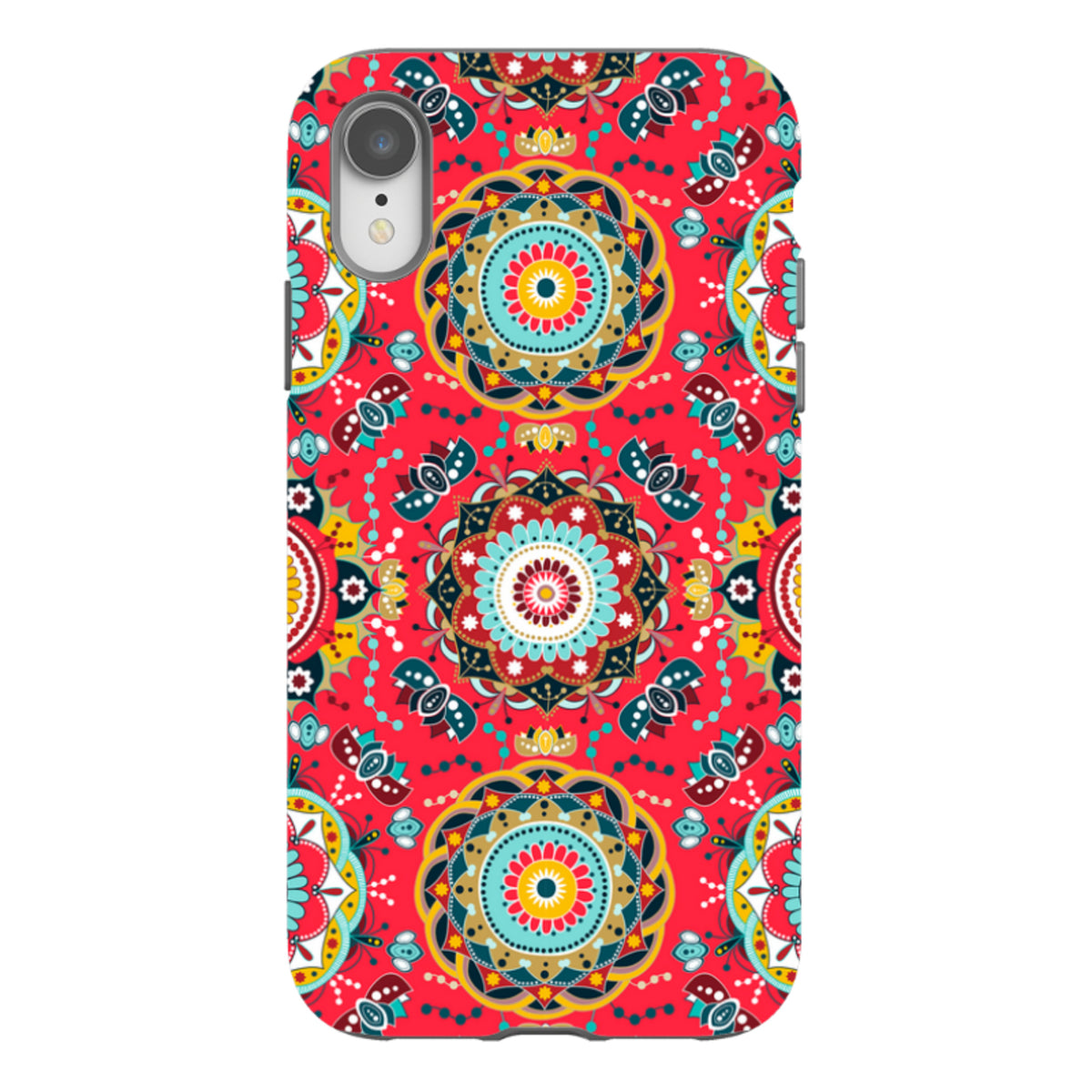 iPhone Tough Case in Burford design with a vibrant red, teal, and yellow mandala pattern and dual-layer protection.