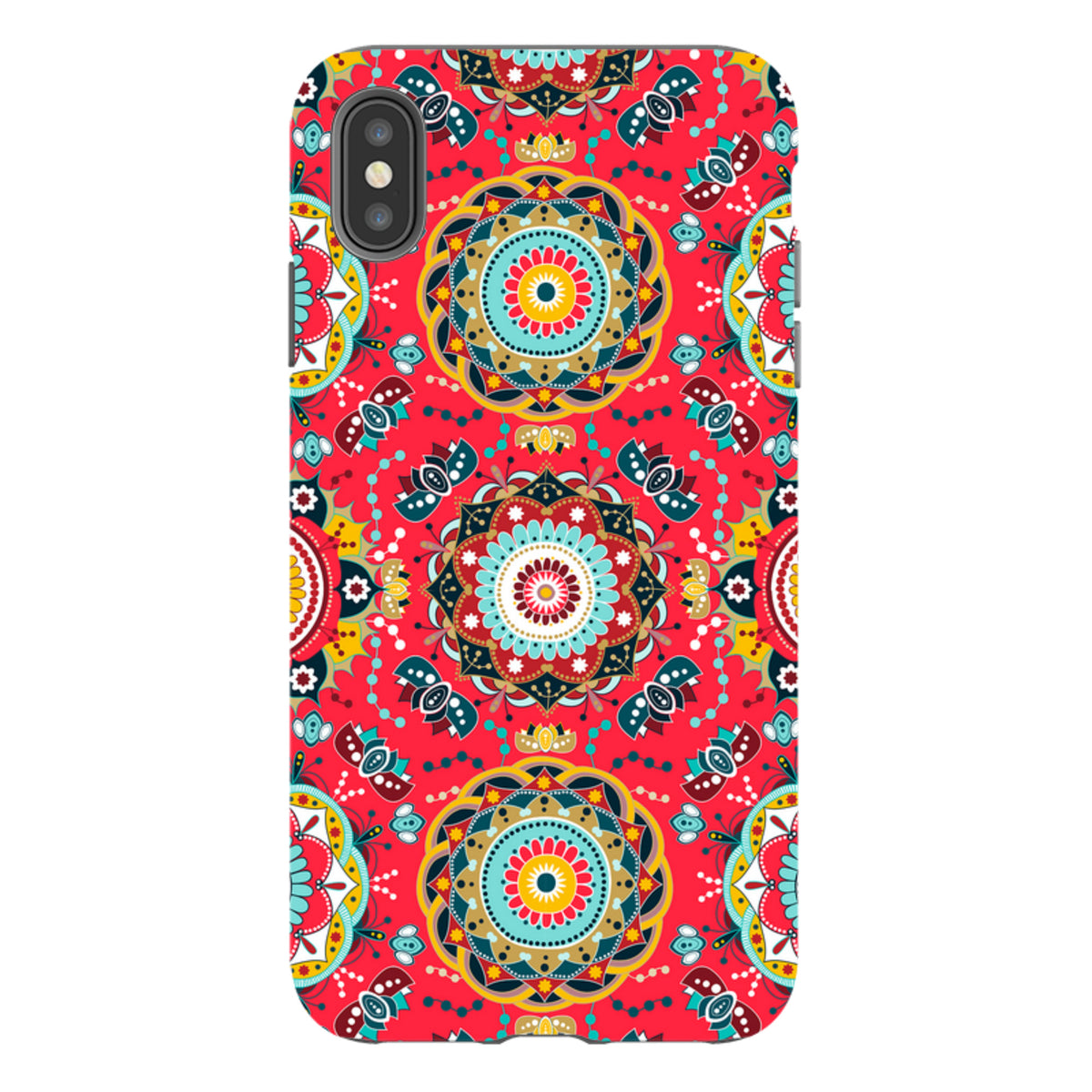 iPhone Tough Case in Burford design featuring a vibrant red background with intricate, colorful mandala patterns.