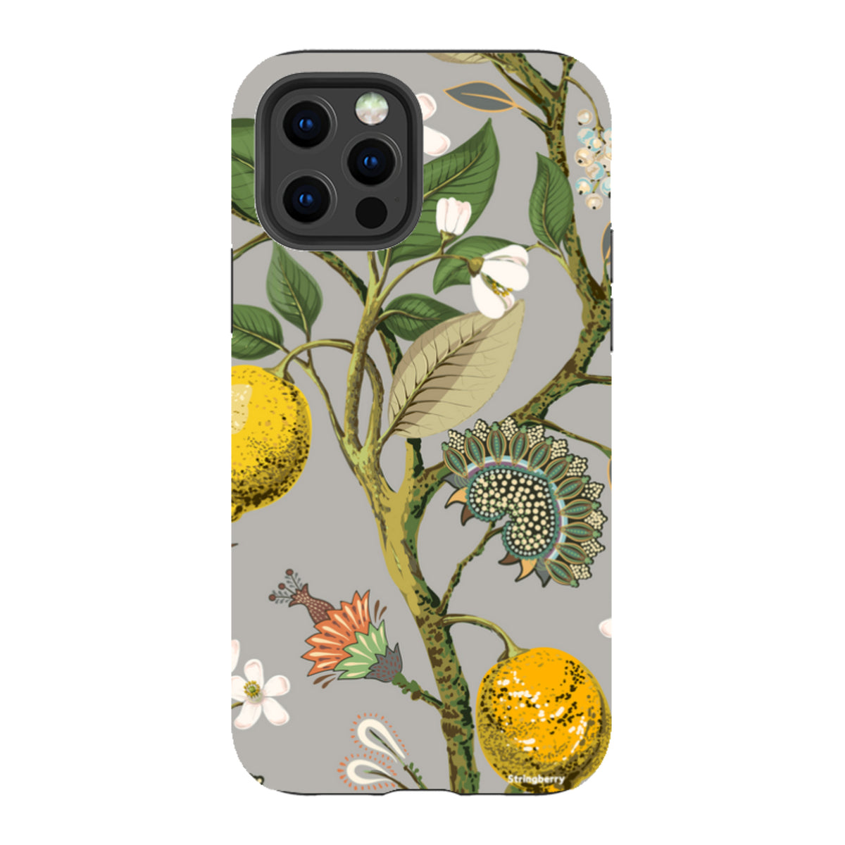 iPhone tough case with Burnby Hall botanical print featuring yellow lemons, white flowers, and green leaves on gray.