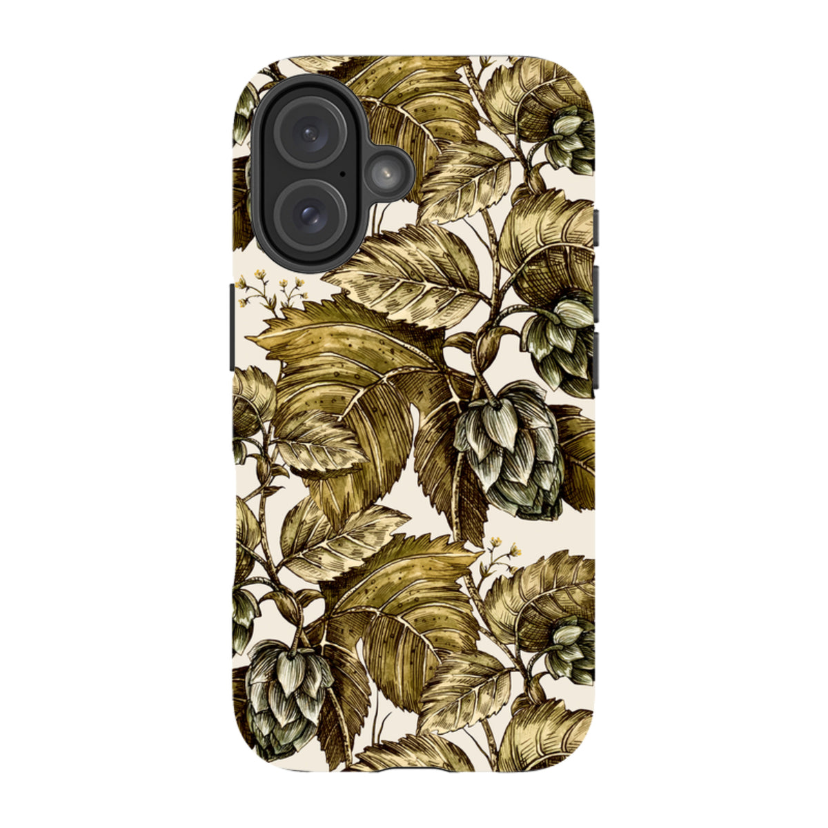 iPhone tough case featuring a vintage botanical Buscot Park print with green leaves and hops on a cream background.
