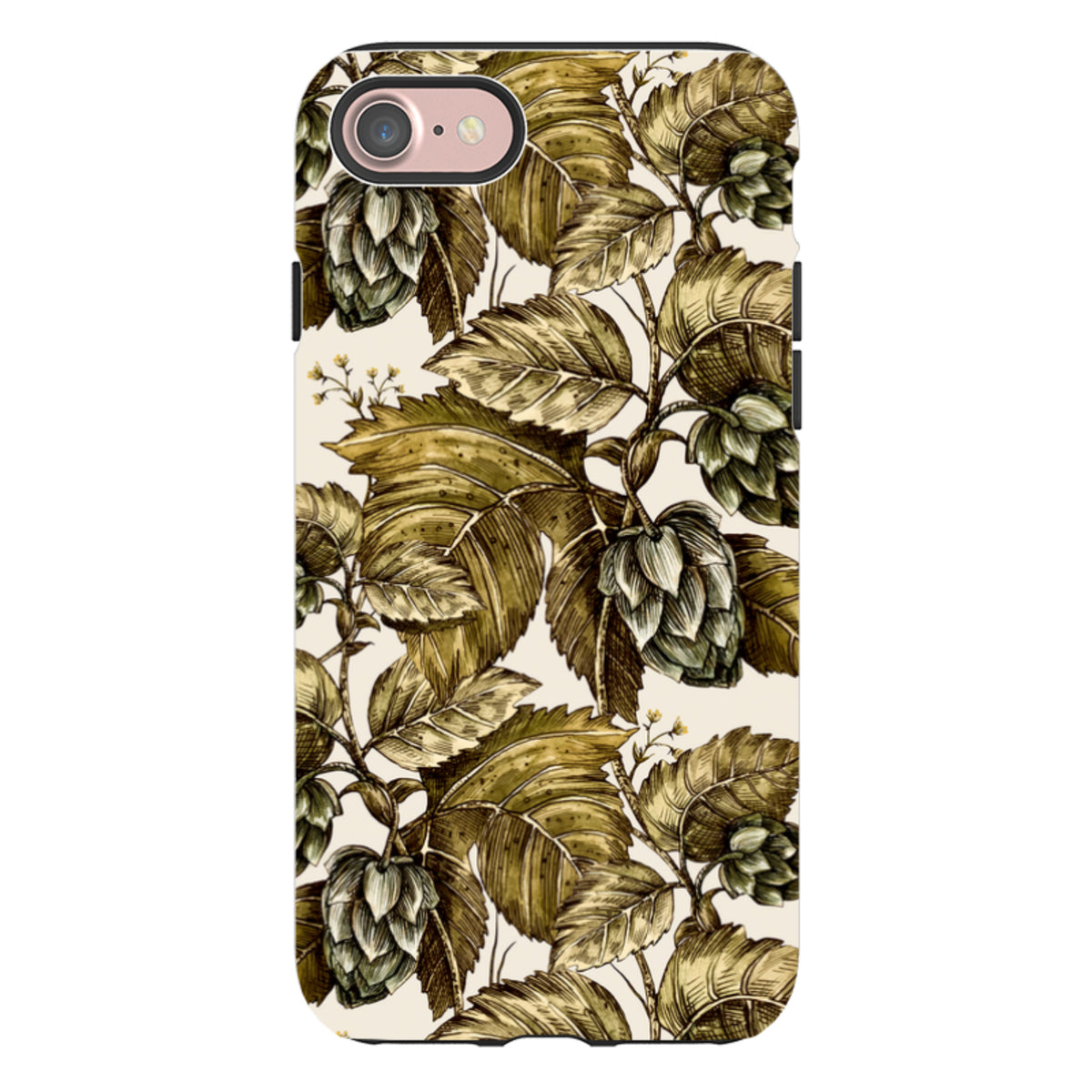 Dual-layer iPhone tough case featuring a vintage botanical Buscot Park hop leaf print in olive green and cream tones.