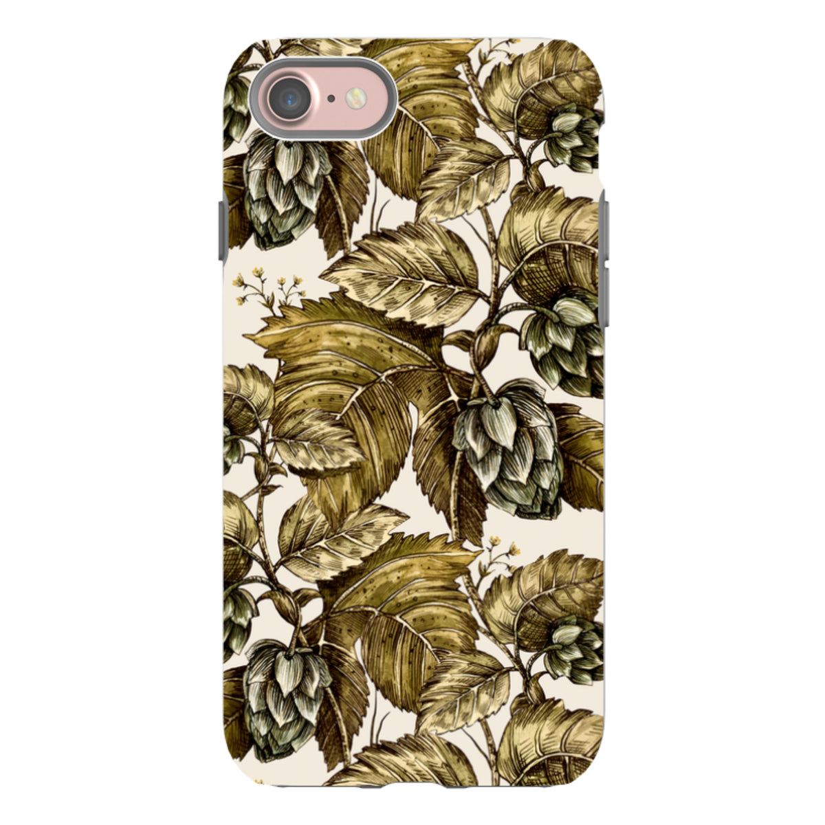 iPhone tough case featuring a detailed Buscot Park botanical print with olive green leaves and hop cones.