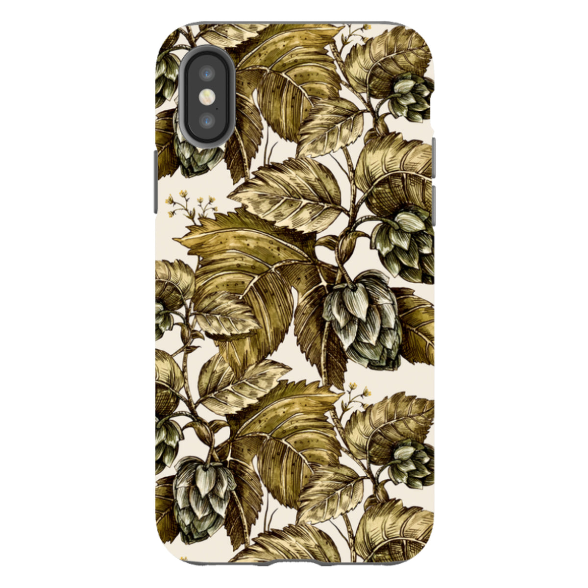 iPhone tough case featuring a detailed botanical Buscot Park print with green leaves and hops on a cream background.