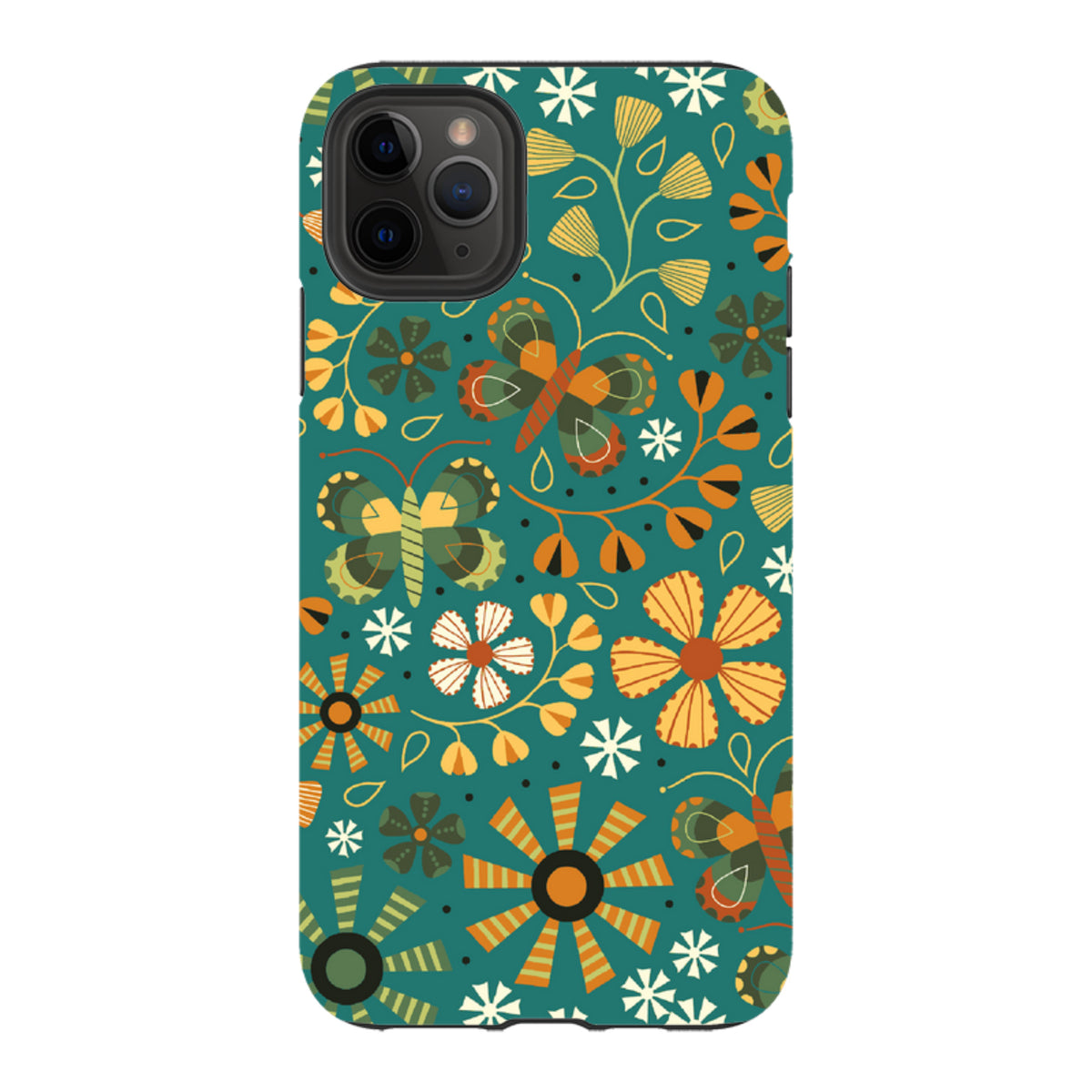 iPhone tough case with a teal background featuring an autumn-themed pattern of butterflies and stylized flowers.