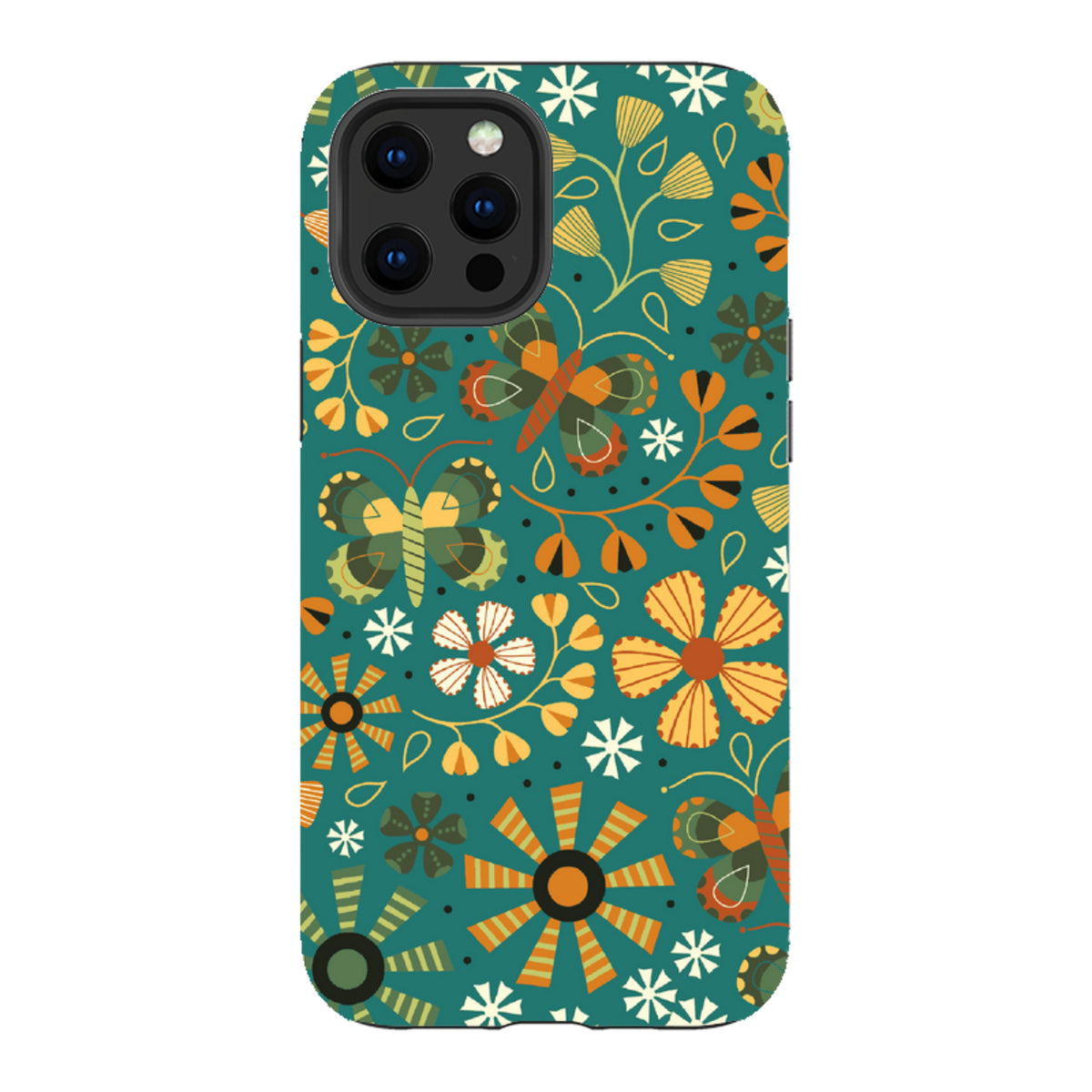 iPhone tough case with a teal background featuring a colorful autumn butterfly and floral pattern by Suzy Taylor.