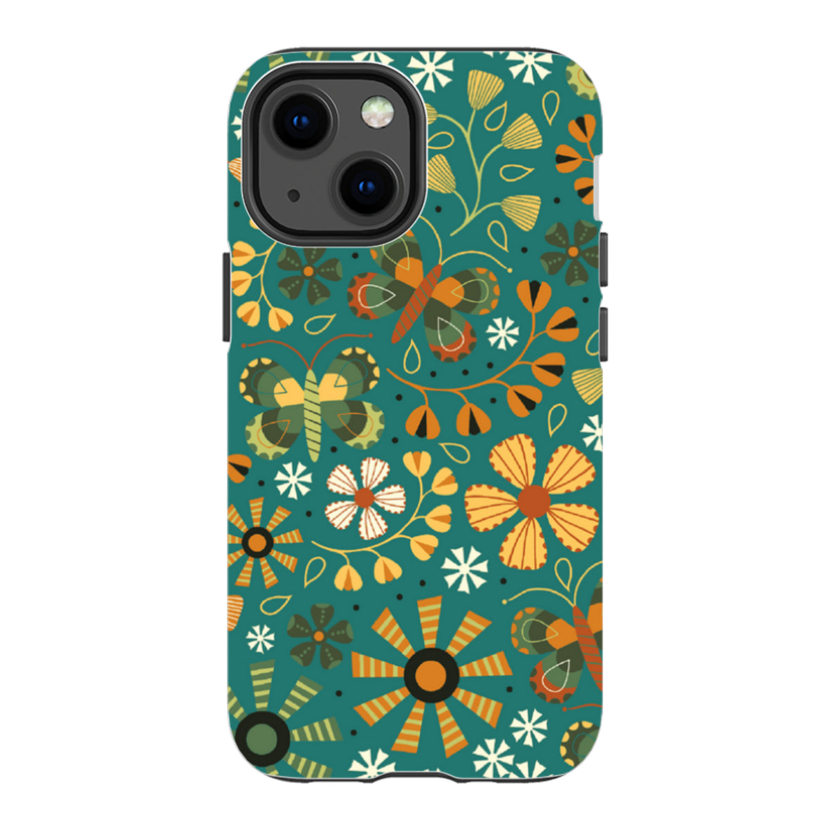 iPhone tough case with teal background, autumn-toned butterfly and floral pattern, and dual-layer protective design.