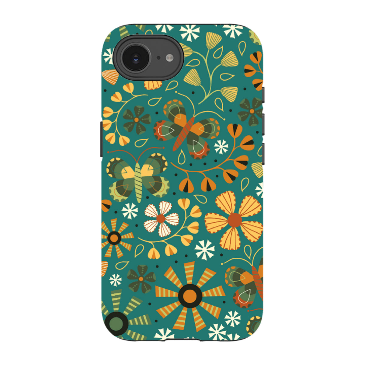 iPhone tough case featuring a teal background with autumn-themed butterflies and floral patterns in orange and yellow.