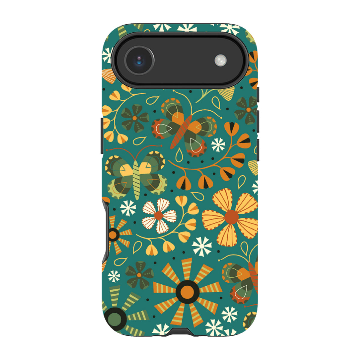 Dual-layer iPhone tough case with a teal background, autumn-themed butterfly and floral pattern, and raised camera bezel.