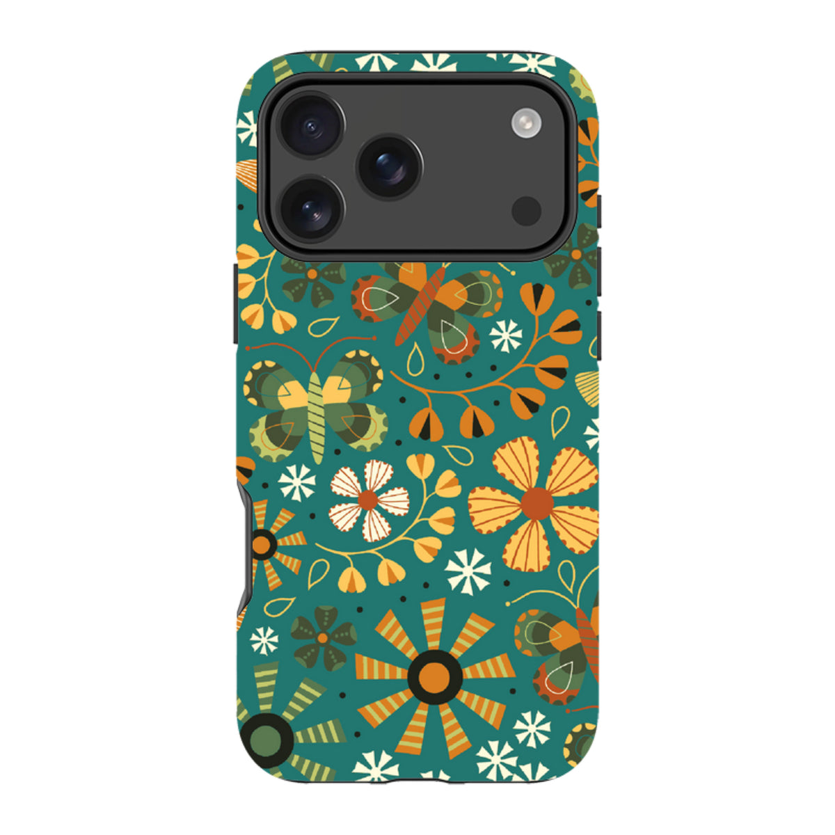 iPhone tough case with an autumn butterfly and floral pattern in teal, orange, and yellow on a durable dual-layer shell.