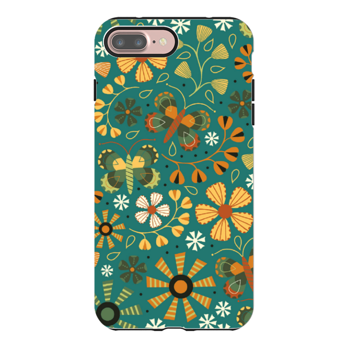 Dual-layer iPhone case featuring a teal background with orange and green butterfly and autumn floral patterns.