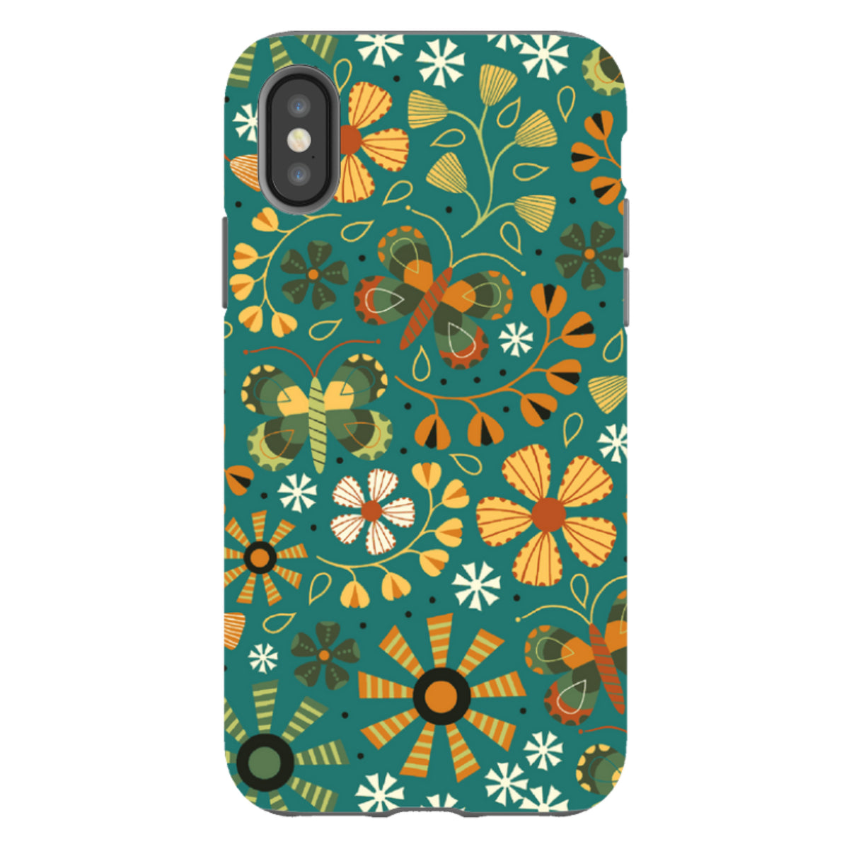 iPhone tough case featuring a teal background with orange and yellow autumn butterflies and floral patterns.