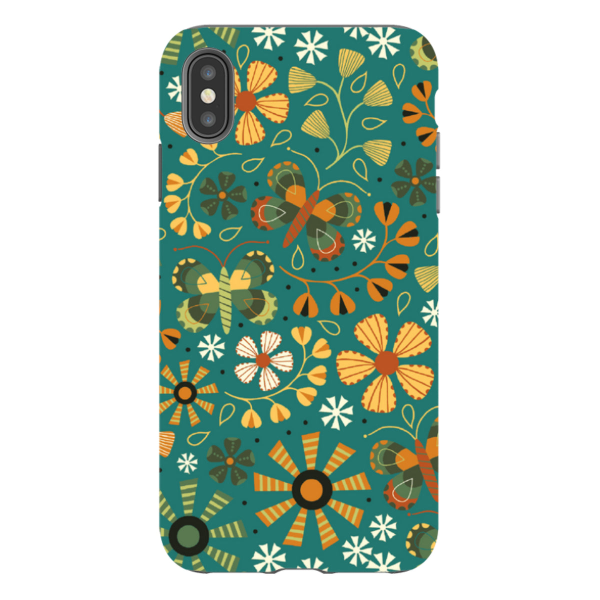 iPhone tough case featuring a teal background with orange and yellow autumn butterflies and floral patterns.
