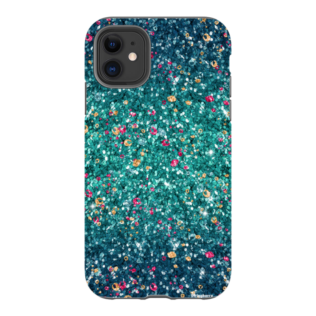 Dual-layer iPhone tough case with a teal and gold butterfly comet print featuring a smooth, non-glitter finish.