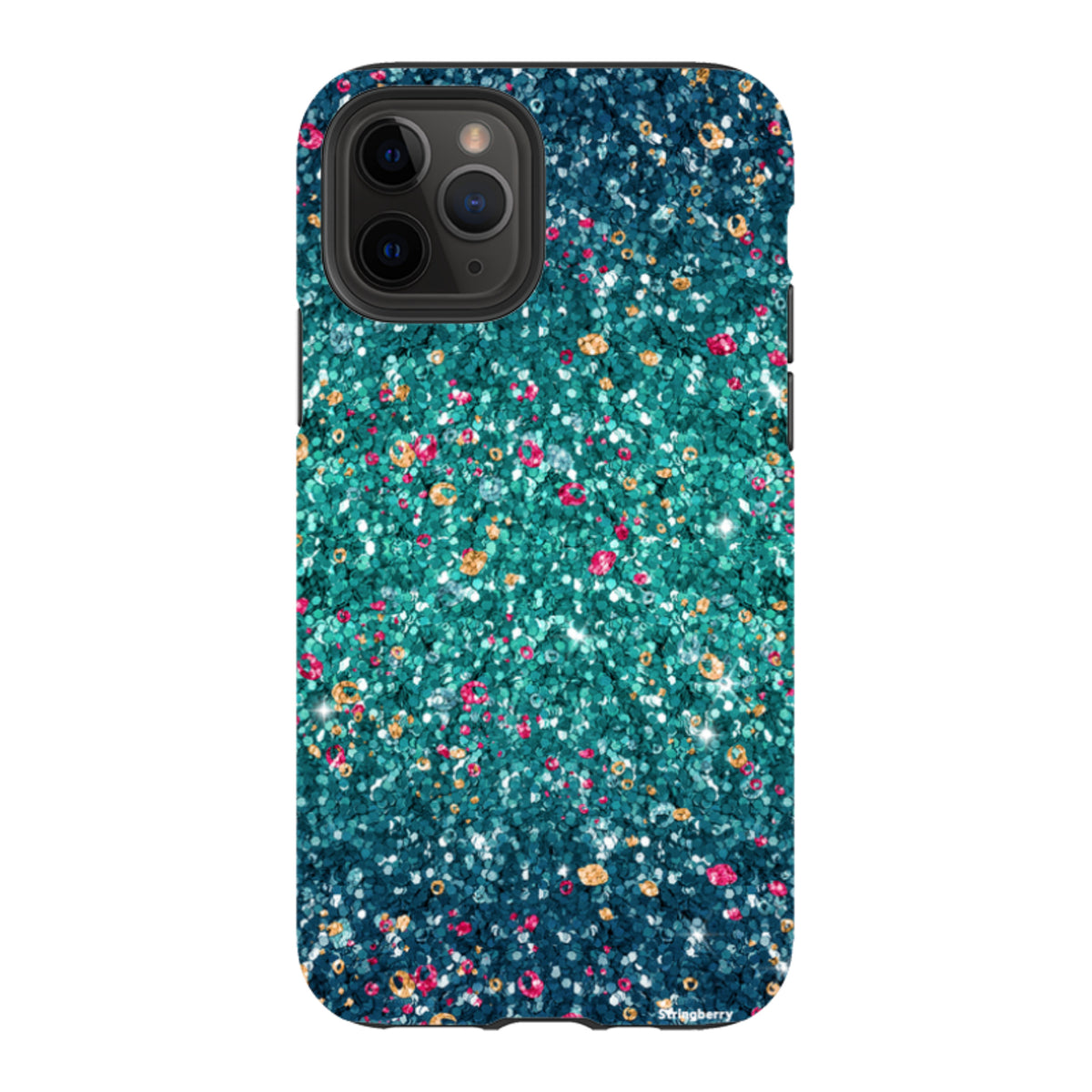 iPhone tough case with a teal and pink butterfly comet print, featuring a dual-layer design with a smooth, non-glitter finish.